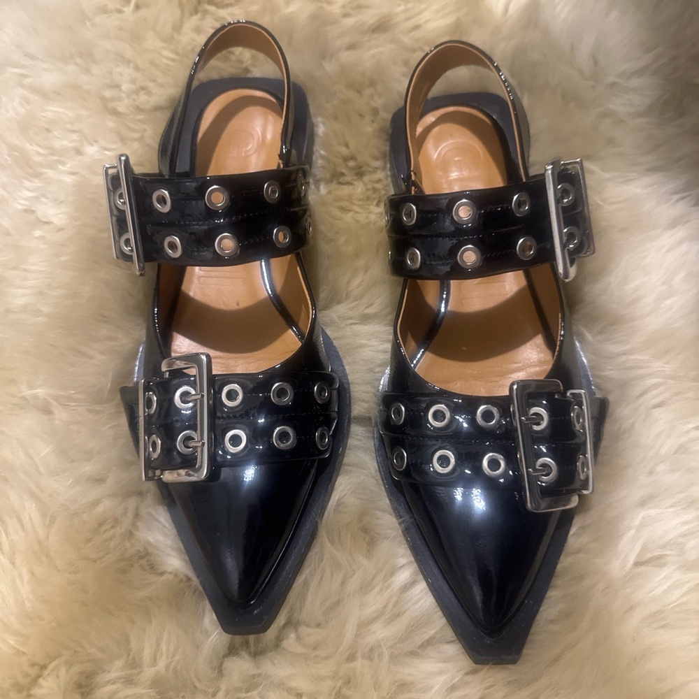 GANNI Wide Welt Buckle Ballerina Flats – Black Patent, Size 38